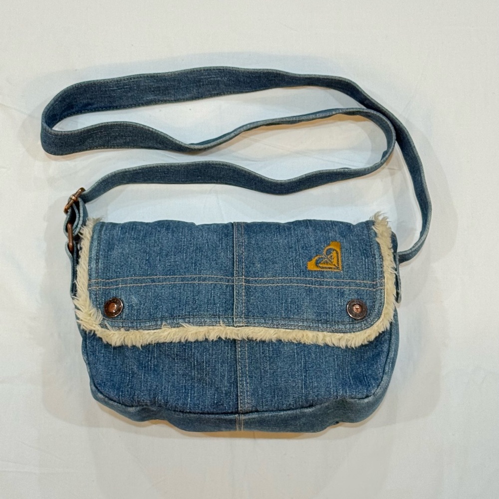 Vintage Y2K Roxy Denim Purse Faux Fur Lined 90s 2000s Jean Shoulder Bag